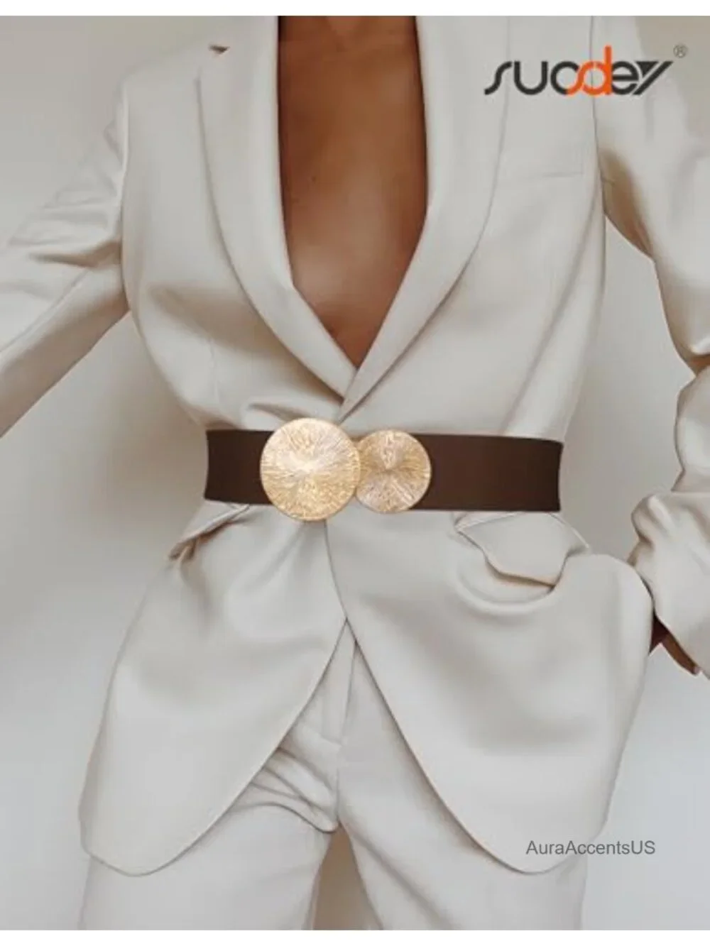 Women Wide Elastic Waist Belt with Gold Buckles Stretch Dresses